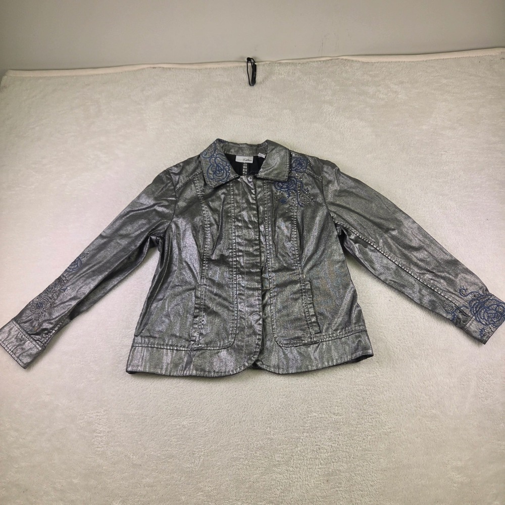 Chicos Platinum Metallic Silver Embroidered Floral Rhinestone Jacket Size 2
